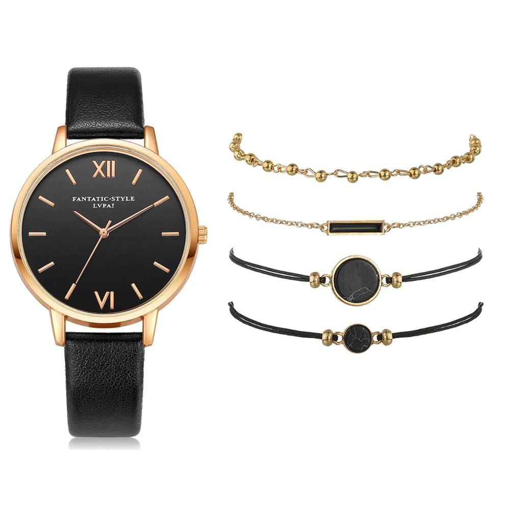 Quartz Wristwatch Black 5pc Quartz Ladies Leather Luxury Casual Watch Relogio Femenino