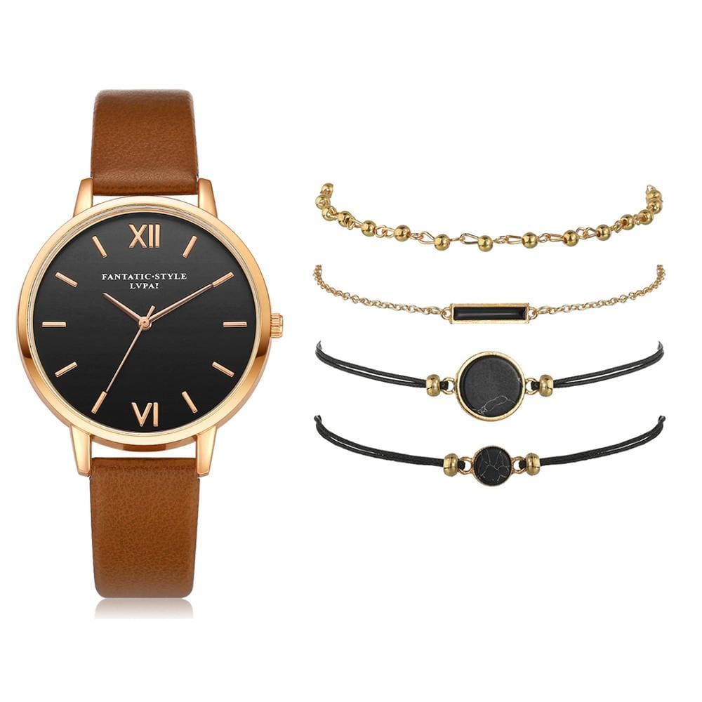 Quartz Wristwatch Brown 5pc Quartz Ladies Leather Luxury Casual Watch Relogio Femenino