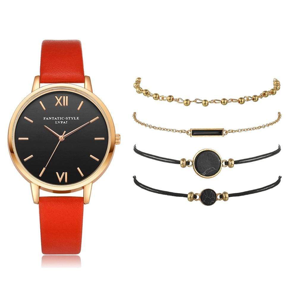 Quartz Wristwatch Red 5pc Quartz Ladies Leather Luxury Casual Watch Relogio Femenino