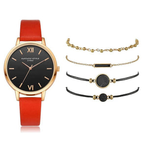 Quartz Wristwatch Red 5pc Quartz Ladies Leather Luxury Casual Watch Relogio Femenino
