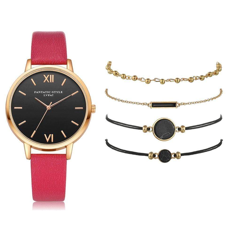 Quartz Wristwatch Rose 5pc Quartz Ladies Leather Luxury Casual Watch Relogio Femenino