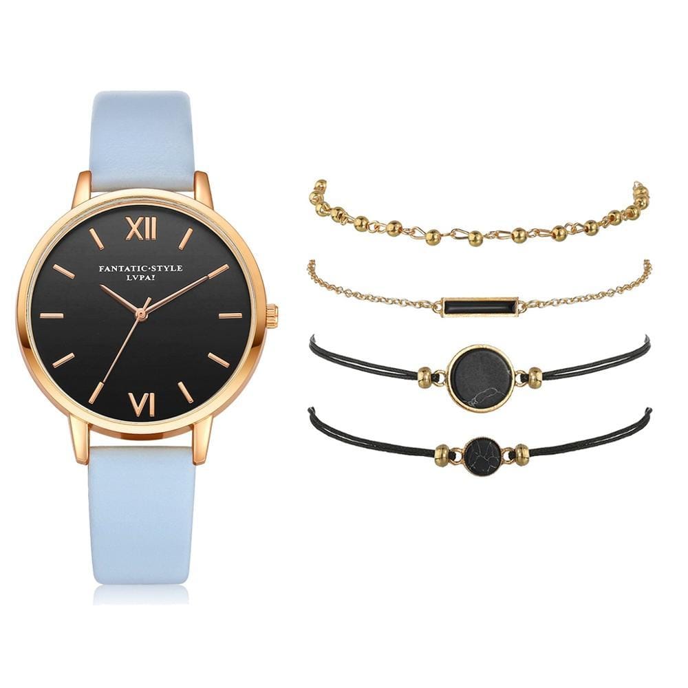 Quartz Wristwatch Sky Blue 5pc Quartz Ladies Leather Luxury Casual Watch Relogio Femenino