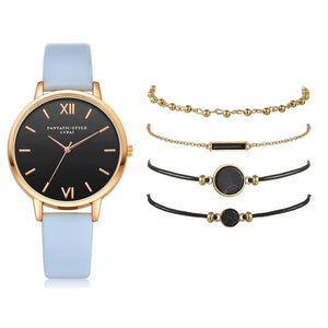 Quartz Wristwatch Sky Blue 5pc Quartz Ladies Leather Luxury Casual Watch Relogio Femenino